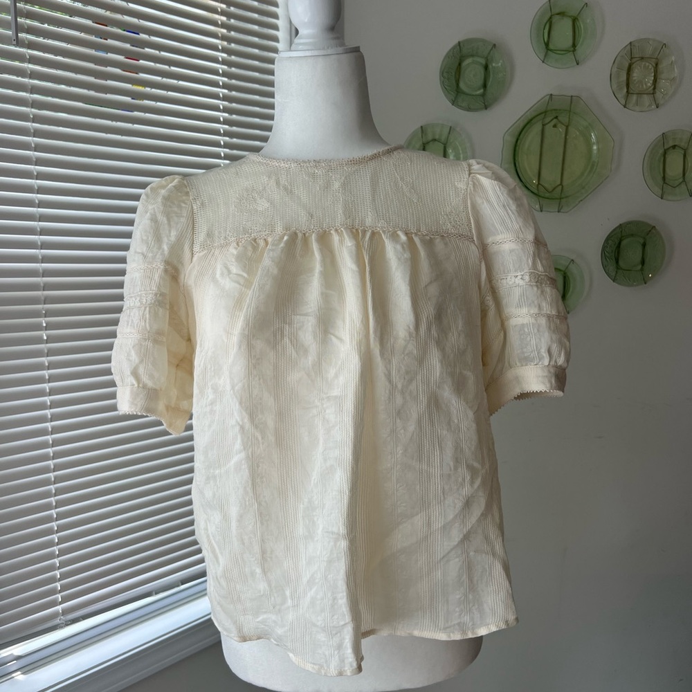 Adrianna Papell Cream Blouse with Puff Sleeves and Bib Collar